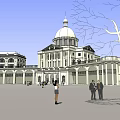 Classical European Architecture With Dome Arched Windows Columns And Plaza With People