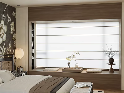 Modern Bedroom Bay Window Design With Wooden Sill White Cushions Small Table Vase Plants Bookshelf 3d model