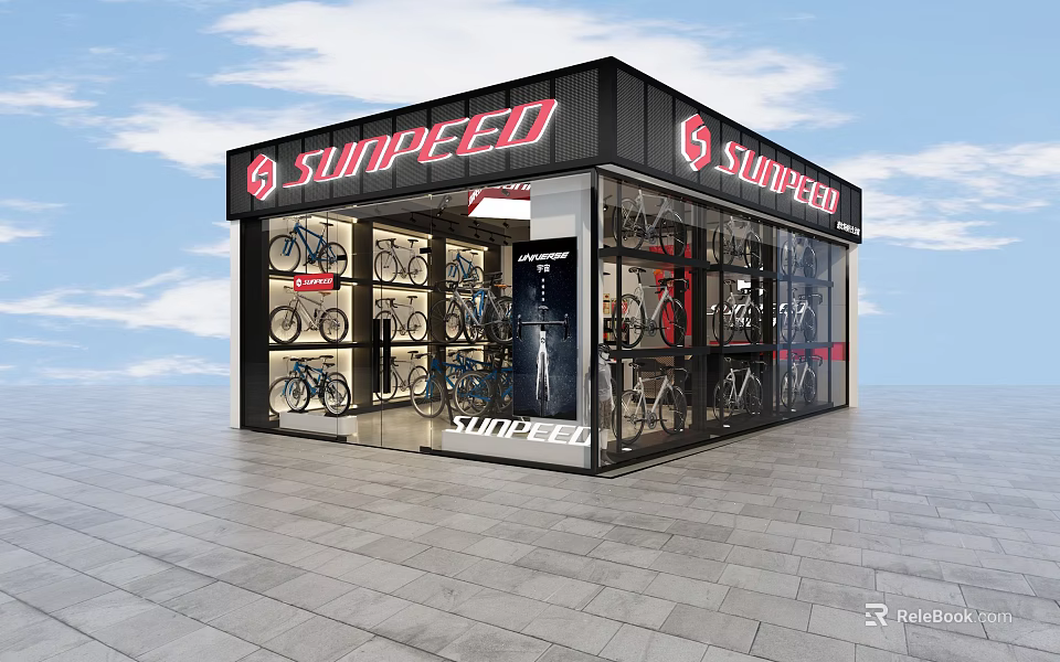 SUNPEED Bicycle Store Showroom With Glass Front Display Windows And Bicycles On 3d model 