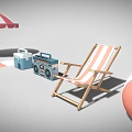 Beach Scene With Red White Striped Umbrella Blue Cooler Vintage Radio And Striped Chair