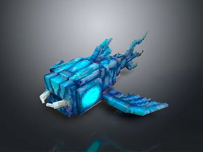 Blue Blocky Aquatic Fish With Pixel Art Design And Glowing Features 3d model
