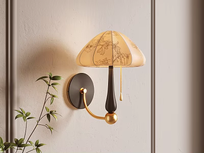 Beige Patterned Shade Wall Lamp With Black Gold Body On Light Wall And Green Plant 3d model