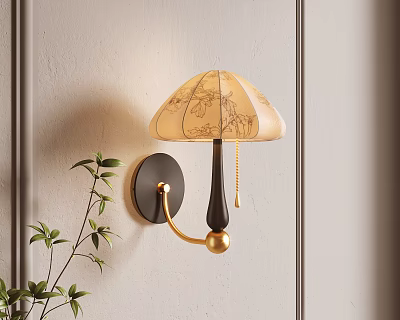 Beige Patterned Shade Wall Lamp With Black Gold Body On Light Wall And Green Plant 3d model