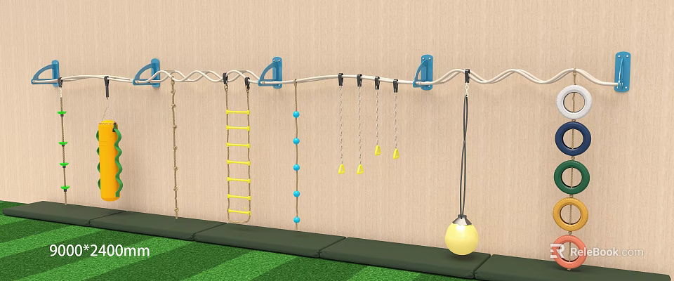 Kindergarten Playground With Climbing Ladder Ropes Hanging Rings Yellow Ball And Safety Mats 3d model 