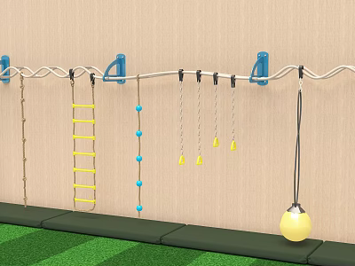 Kindergarten Playground With Climbing Ladder Ropes Hanging Rings Yellow Ball And Safety Mats 3d model