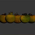 Five Fresh Persimmons With Yellow Orange And Green Hues On Dark Background