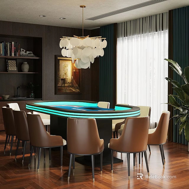 Modern Elegant Entertainment Table With Round Shape Blue LED Light Brown Chairs And Bookshelf 3d model 