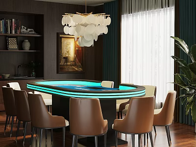 Modern Elegant Entertainment Table With Round Shape Blue LED Light Brown Chairs And Bookshelf 3d model