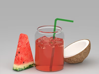Refreshing Watermelon Coconut Fruit Drink with Ice Cubes Green Straw in Glass Jar 3d model