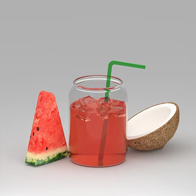 Refreshing Watermelon Coconut Fruit Drink with Ice Cubes Green Straw in Glass Jar 3d model
