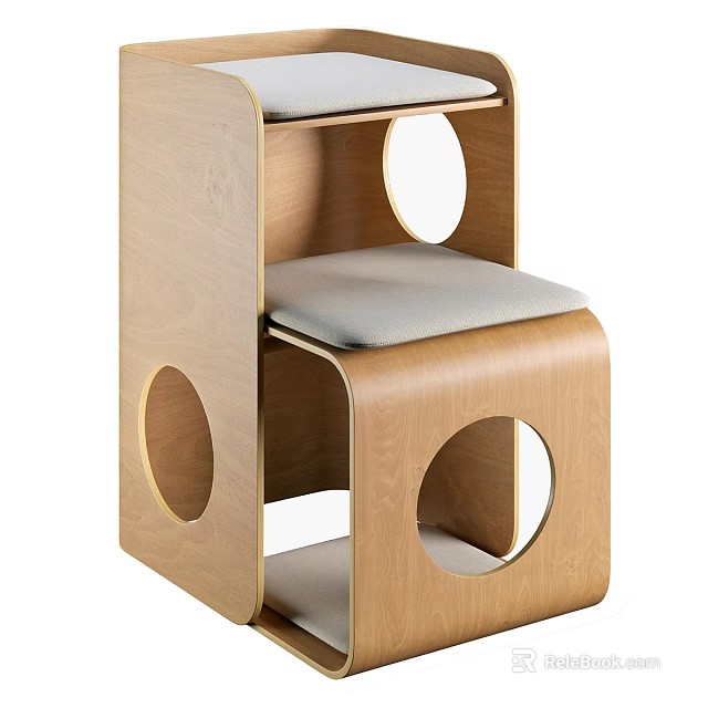 Modern Wooden Step Stool With Multi Level Cushioned Seats And Circular Cutouts 3d model 