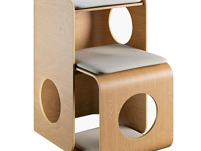 Modern Wooden Step Stool With Multi Level Cushioned Seats And Circular Cutouts 3d model