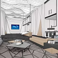 Front Desk Reception Modern Interior Design With Sofa Coffee Tables Wall Screen And Geometric Carpet 3d model
