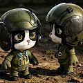 Cartoon Cat Game Movie Characters Wearing Green Flight Helmets Suits On Muddy Ground With Grass