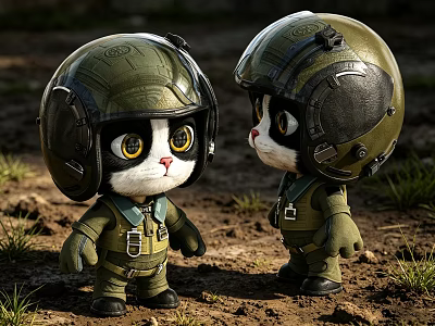 Cartoon Cat Game Movie Characters Wearing Green Flight Helmets Suits On Muddy Ground With Grass 3d model