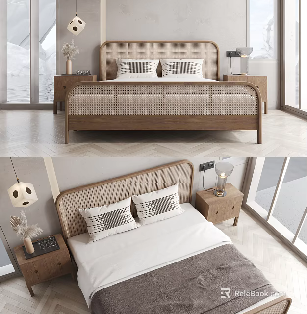 Modern Double Bed With Woven Headboard Pillows And Nightstands Table Lamps Near Windows 3d model 
