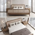 Modern Double Bed With Woven Headboard Pillows And Nightstands Table Lamps Near Windows