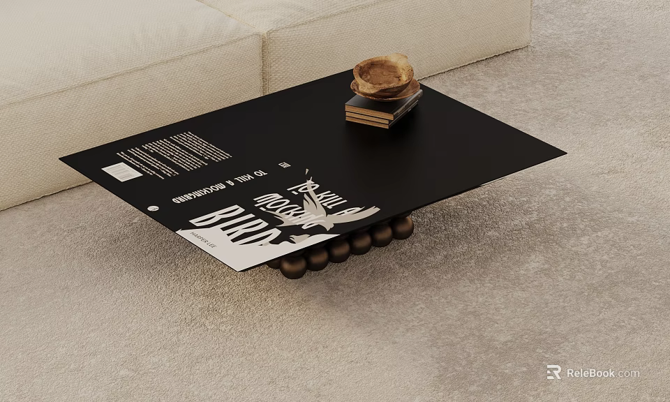 Modern Black Coffee Table With Decorative Bowl And Stack Of Books In Living Room Setup 3d model 