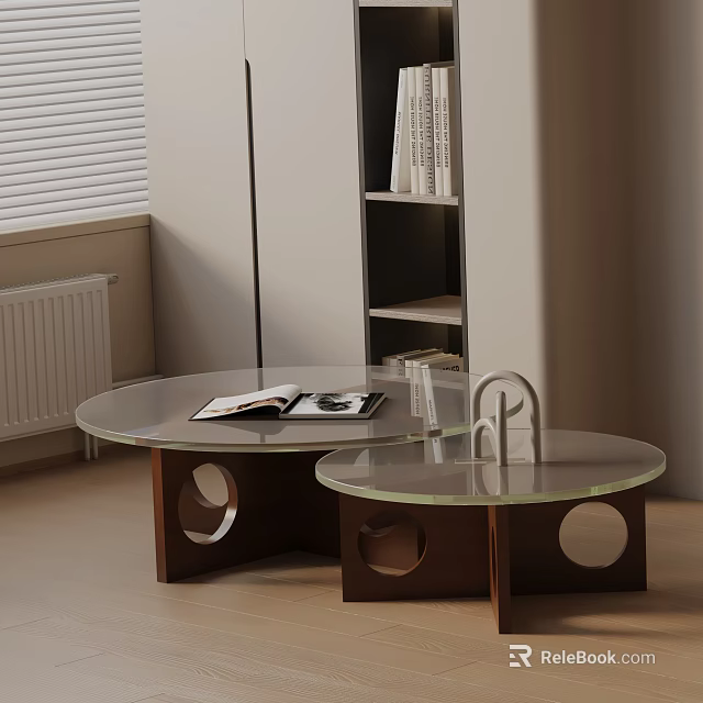 Modern Two Piece Glass Coffee Table Combination With Brown Base Circular Cutouts And Magazine 3d model 