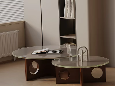 Modern Two Piece Glass Coffee Table Combination With Brown Base Circular Cutouts And Magazine 3d model