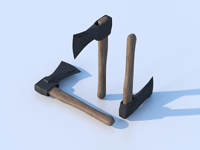 Premium Hardware Tools Including Three Axes With Wooden Handles And Metal Blades 3d model