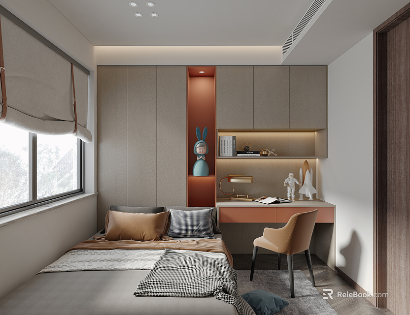 Tatami Bedroom Interior Design With Platform Bed Desk Chair And Window Decor 3d model 