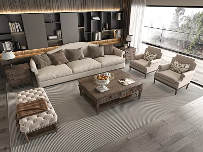 Cozy Modern Living Room With Beige Sofa Wooden Coffee Table And Armchairs 3d model