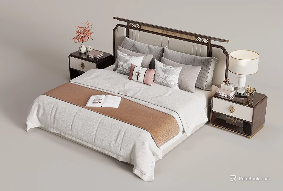 Modern Double Bed Interior With White Brown Bedding Pillows And Nightstand With Lamp Books Flowers 3d model 