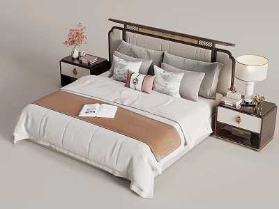Modern Double Bed Interior With White Brown Bedding Pillows And Nightstand With Lamp Books Flowers 3d model