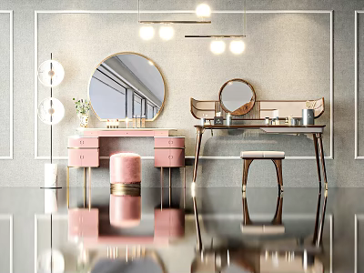 Modern Pink And Brown Dressing Tables With Round Mirrors Stools Grey Wall And Pendant Lights 3d model