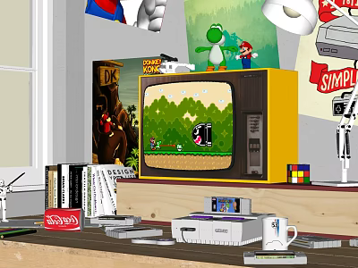Retro TV Showing Pixel Game Scene With Mario DK Posters And Books On Shelf 3d model