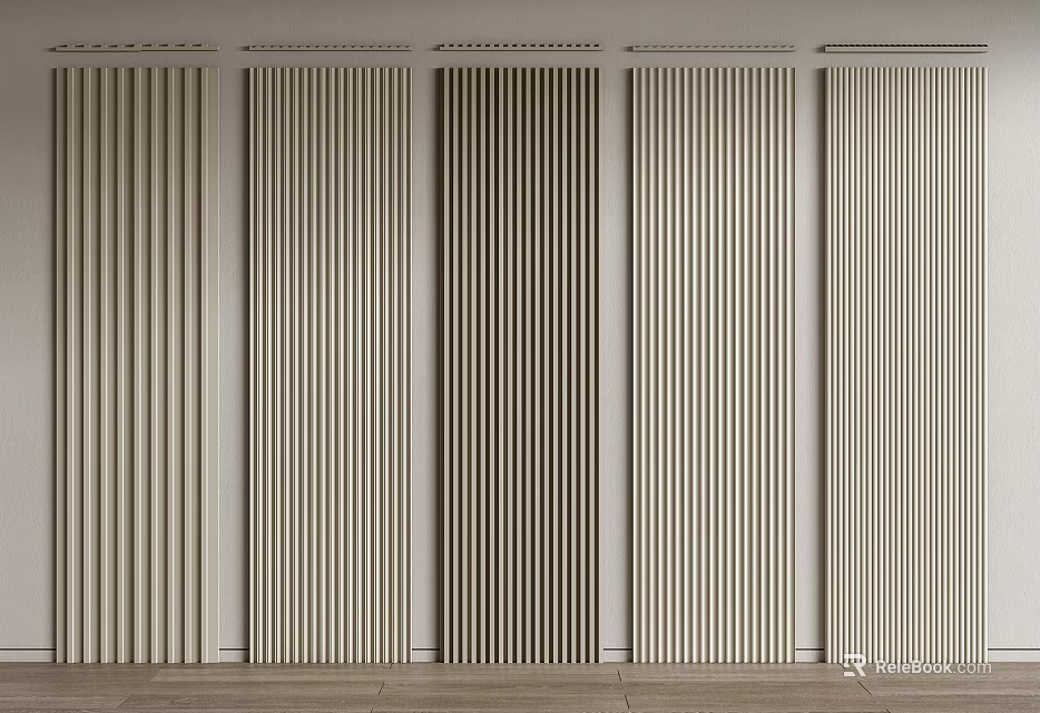 Various Colored Vertical Stripe Wall Panels With Textures And Wooden Floor Background 3d model 