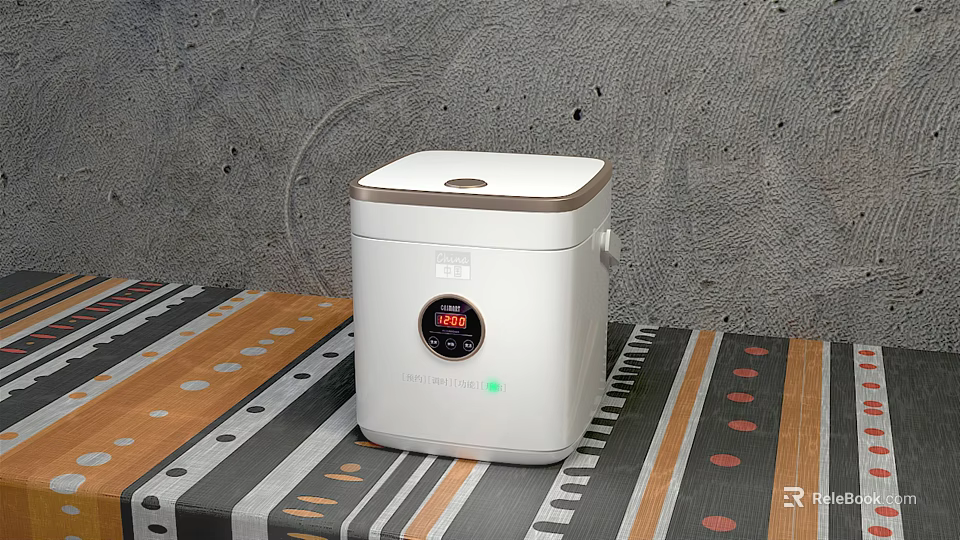 White Digital Rice Cooker As Modern Kitchen Appliance On Patterned Table 3d model