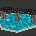 Black Truss Bridge Structure With Stone Piers Over Blue Water On Octagonal Platform 3d model