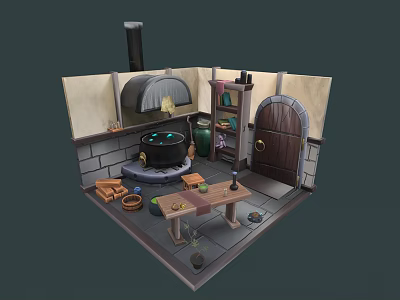 Cartoon Fantasy Kitchen Scene with Stone Walls Chimney Iron Cauldron Wooden Door and Shelves 3d model