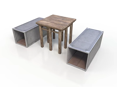 Industrial Wooden Table With Metal Container Style Benches For Home Decor 3d model