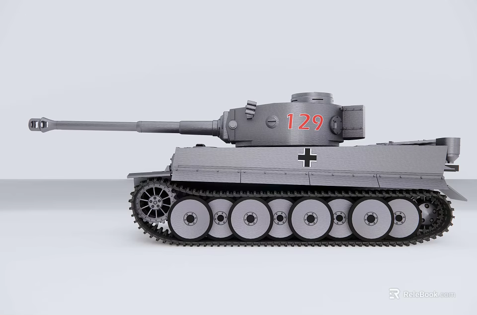 Gray Military Tank Model Featuring 129 Marking Cross Symbol Tracks And Cannon 3d model 
