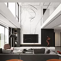 Duplex Living Room Spacious Design With Double Height Ceiling Large Windows Gray Sofa Brown Armchair