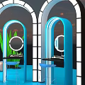 Live Stream Studio With Blue Floor Cloud Decorations Arched Doorways Green Plants And Dressing Tables