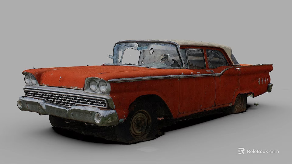 Red Vintage Classic Car With White Roof And Worn Exterior Design 3d model 