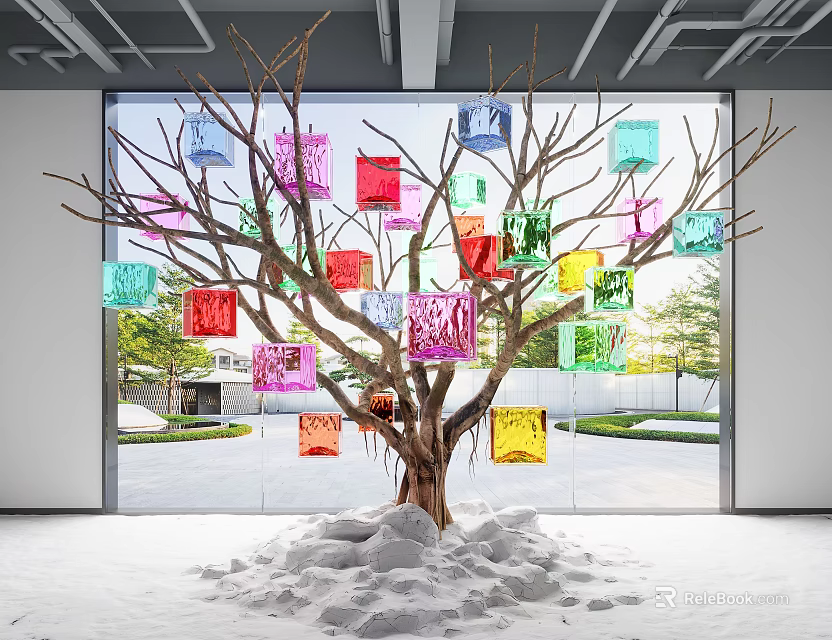 Colorful Square Decorated Tree Sculpture With White Base And Large Window View 3d model
