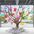 Colorful Square Decorated Tree Sculpture With White Base And Large Window View 3d model