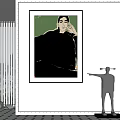 Modern Portrait Painting Of A Person With Green Background Black Clothing In Interior With Sculpture