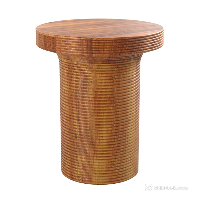Stylish Wooden Round Dining Table With Cylindrical Base And Striped Texture 3d model 