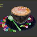 Coffee Latte Art in Black Cup on Saucer with Scattered Coffee Beans and Silver Spoon