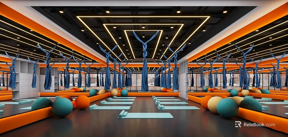 Vibrant Fitness Studio With Yoga Balls Mats And Hammocks For Modern Workout Sessions 3d model 