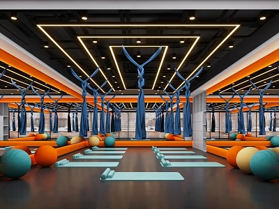 Vibrant Fitness Studio With Yoga Balls Mats And Hammocks For Modern Workout Sessions 3d model