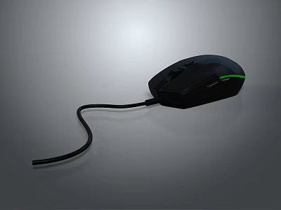 Ergonomic Wired Gaming Mouse with Black Body and Green LED Light for Computer Use 3d model
