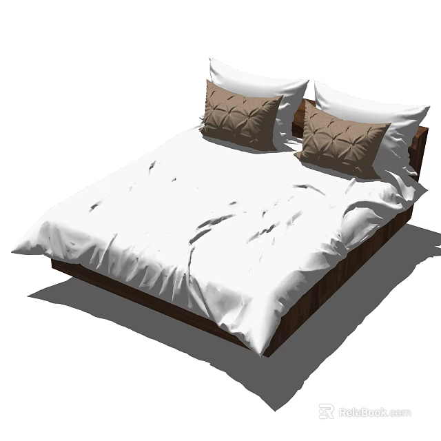 Double Bed With White Bedspread And Brown Patterned Pillows Wooden Headboard 3d model 