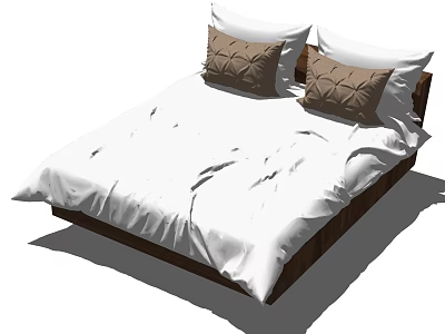 Double Bed With White Bedspread And Brown Patterned Pillows Wooden Headboard 3d model